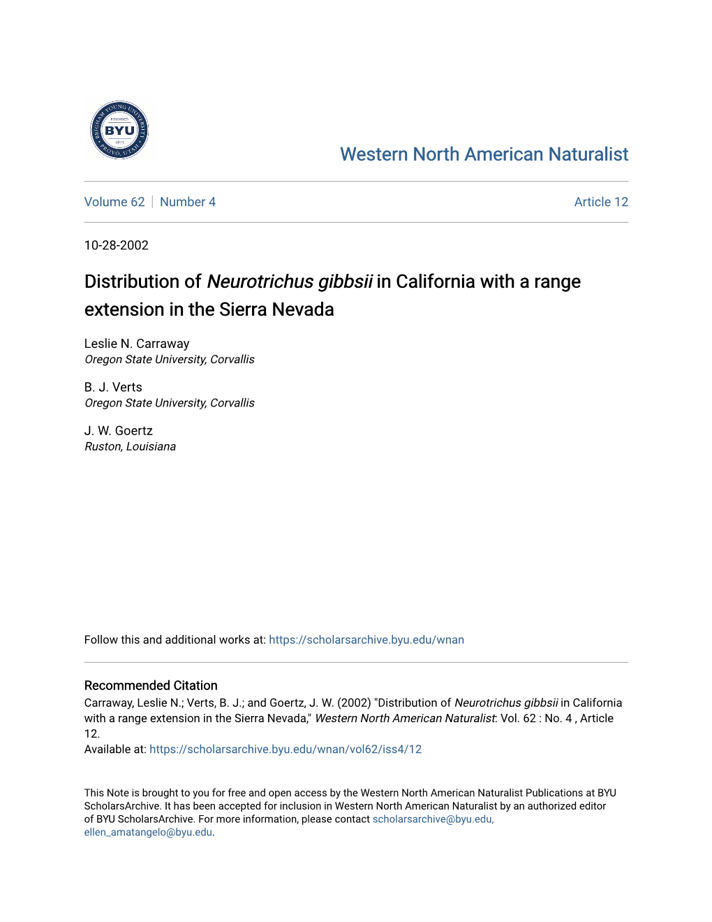 Distribution of Neurotrichus Gibbsii in California with a Range Extension in the Sierra Nevada