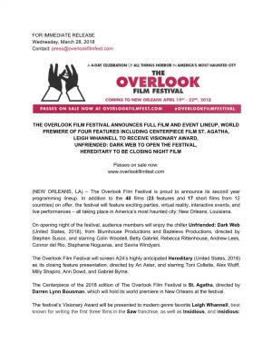 2018 Overlook Film Festival Full Lineup Release 3/28/18