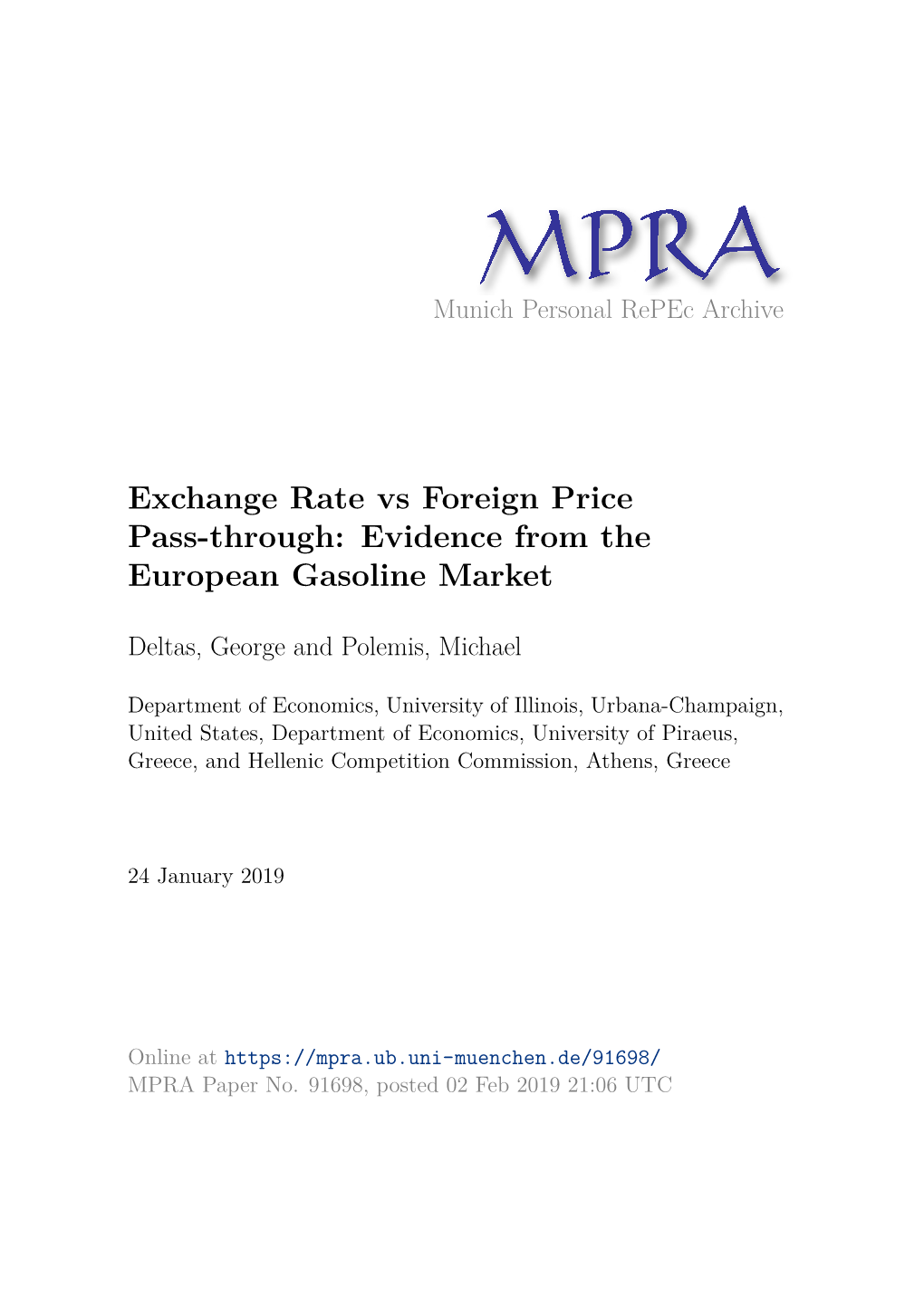 Exchange Rate Vs Foreign Price Pass-Through: Evidence from the European Gasoline Market