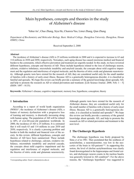 Main Hypotheses, Concepts and Theories in the Study of Alzheimer's Disease