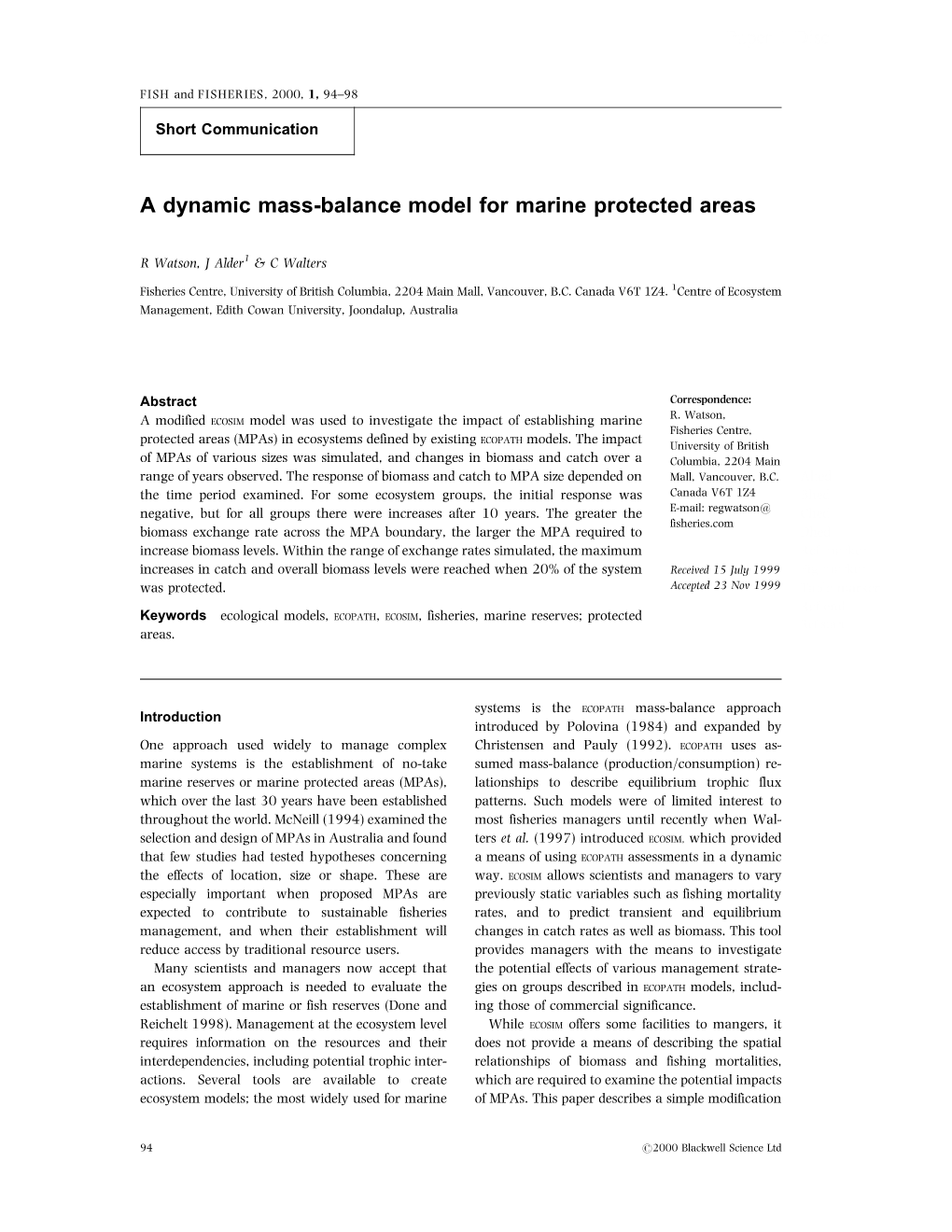 A Dynamic Mass-Balance Model for Marine Protected Areas