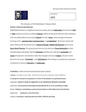 The Literature of Civil Disobedience” Response Sheet Section 1 Emerson Introduction: Ralph Waldo Emerson Is a Significant American Essayist, Poet, and Philosopher