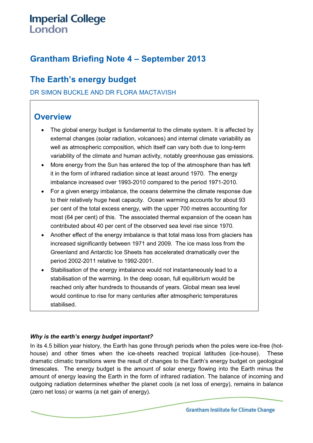 Grantham Briefing Note 4 – September 2013 the Earth's Energy Budget Overview