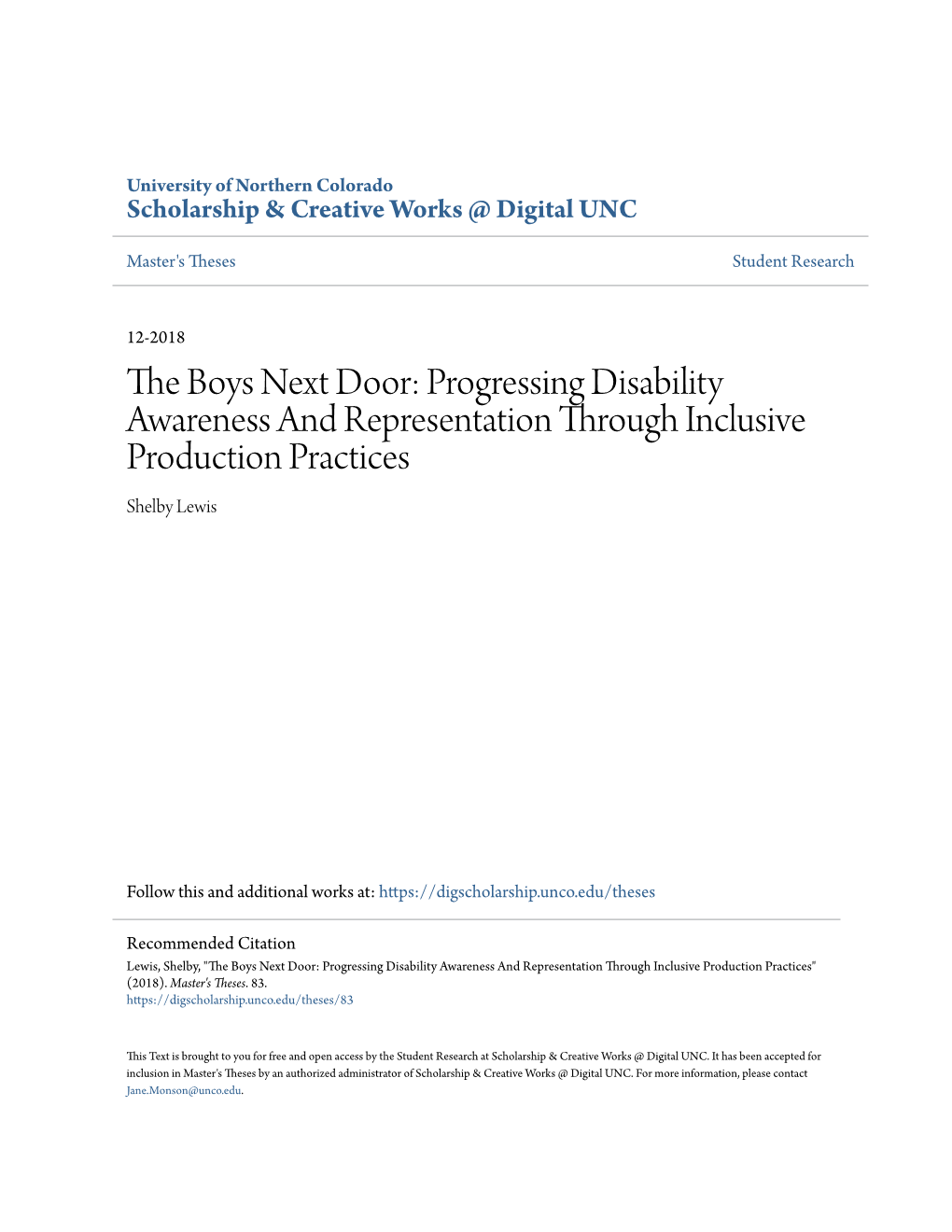 The Boys Next Door: Progressing Disability Awareness and Representation Through Inclusive Production Practices Shelby Lewis