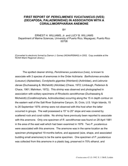 First Report of Periclimenes Yucatanicus (Ives) (Decapoda, Palaemonidae) in Association with a Corallimorpharian Anemone