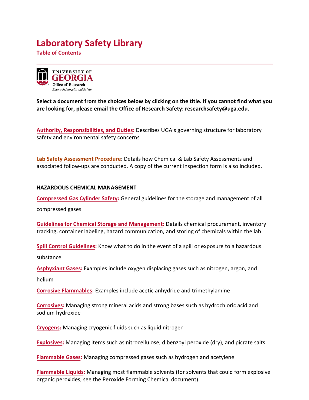 Chemical and Laboratory Safety Manual (CLSM) and Other Documents