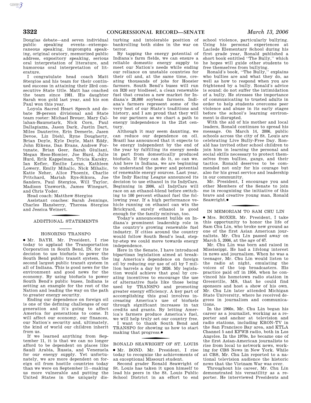 CONGRESSIONAL RECORD—SENATE March 13, 2006 Douglas Debate—And Seven Individual Turbing and Intolerable Position of School Violence, Particularly Bullying