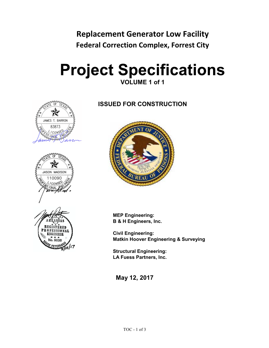 Specifications VOLUME 1 of 1