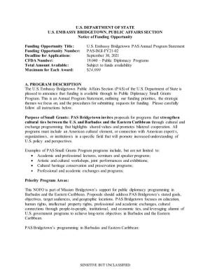 U.S. DEPARTMENT of STATE U.S. EMBASSY BRIDGETOWN, PUBLIC AFFAIRS SECTION Notice of Funding Opportunity