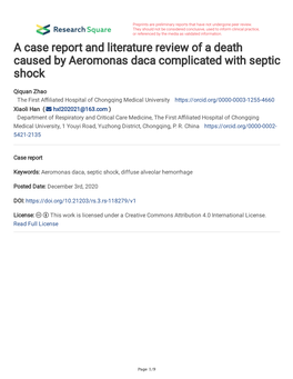 A Case Report and Literature Review of a Death Caused by Aeromonas Daca Complicated with Septic Shock