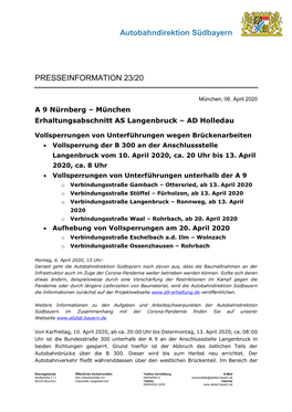 Pressemitteilung Der Autobahndirektion 6.4.2020