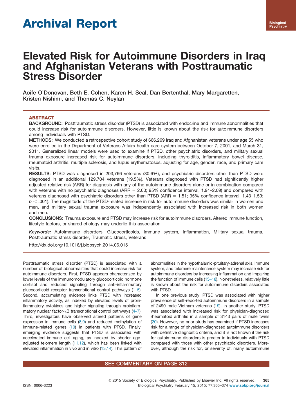 Elevated Risk for Autoimmune Disorders in Iraq and Afghanistan Veterans with Posttraumatic Stress Disorder