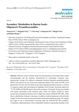 Secondary Metabolites in Durian Seeds: Oligomeric Proanthocyanidins