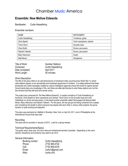 Number Stations Composer: Curtis Hasselbring Date Completed: April 2011 Work Length: 55 Minutes