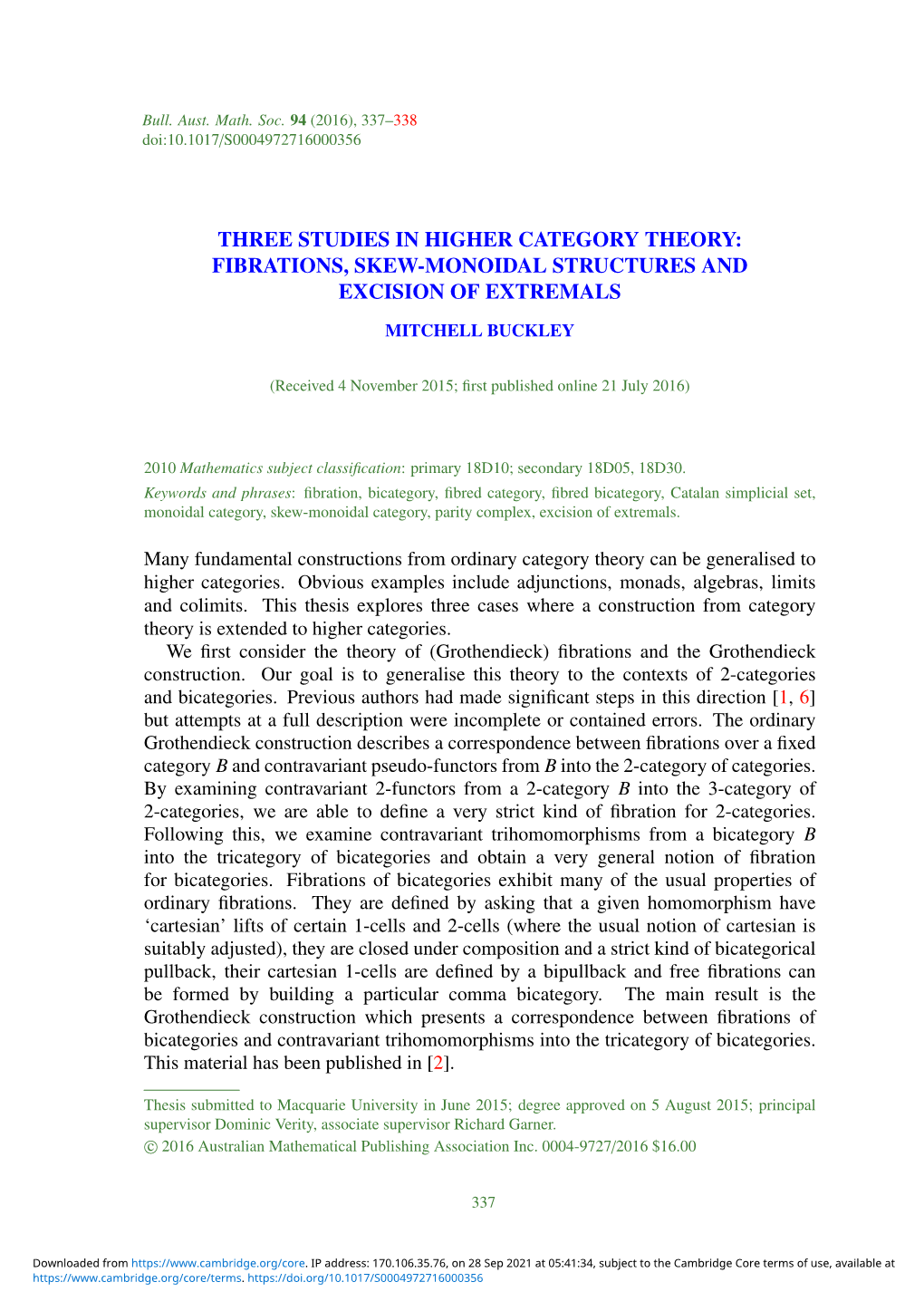 Three Studies in Higher Category Theory: Fibrations, Skew-Monoidal Structures and Excision of Extremals