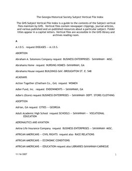 The GHS Subject Vertical File Index Is a Guide to the Contents of the Subject Vertical Files Maintain by GHS