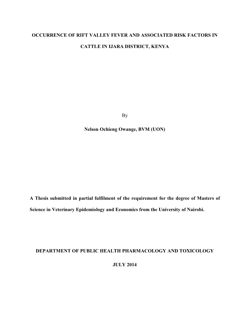 Occurrence of Rift Valley Fever and Associated Risk Factors in Cattle.Pdf