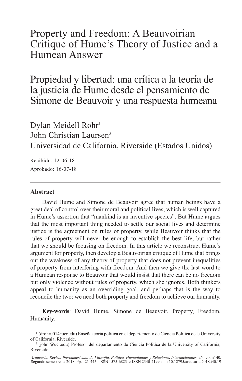 A Beauvoirian Critique of Hume's Theory of Justice and a Humean Answer Propiedad Y Libertad