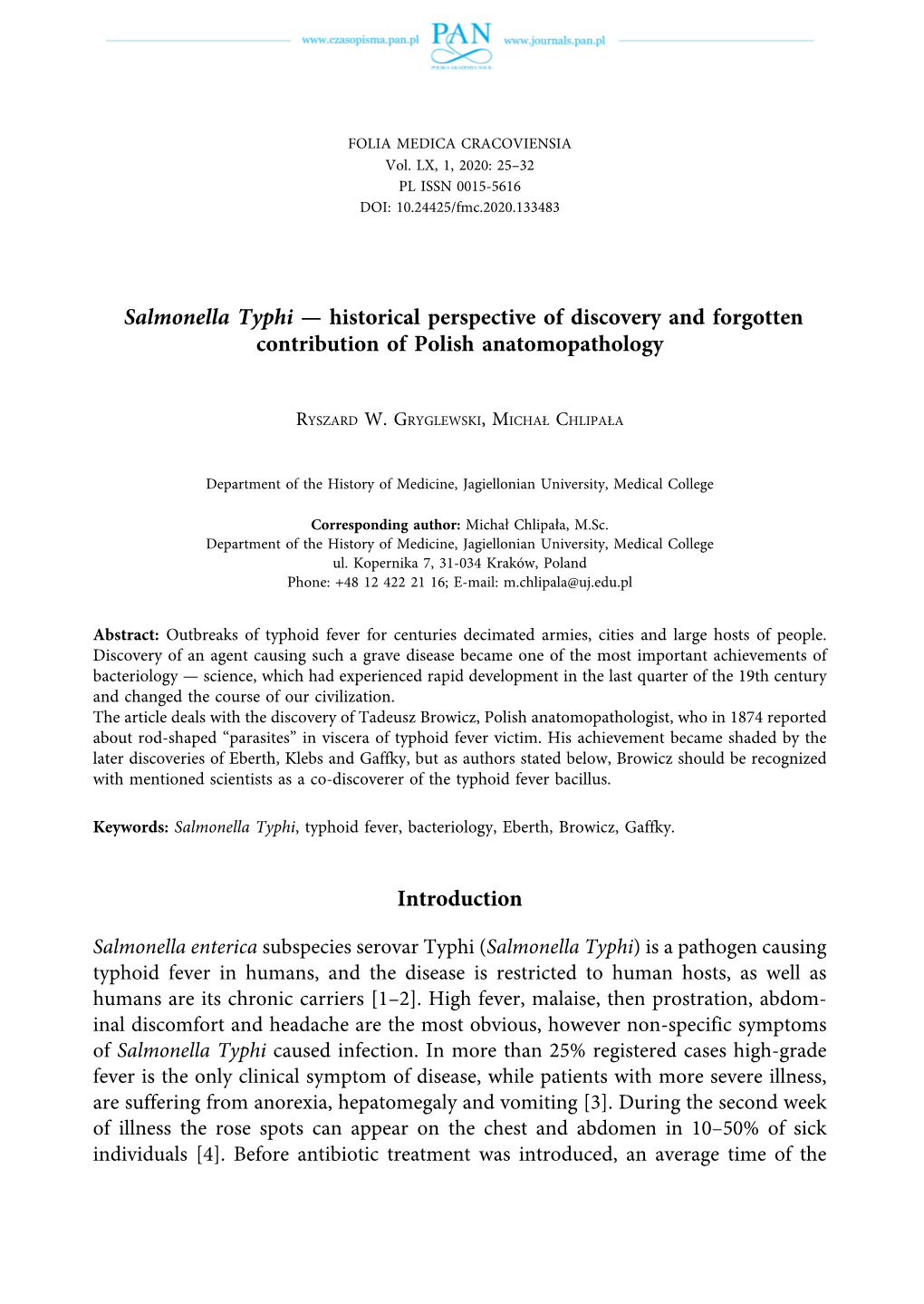 Salmonella Typhi — Historical Perspective of Discovery and Forgotten Contribution of Polish Anatomopathology