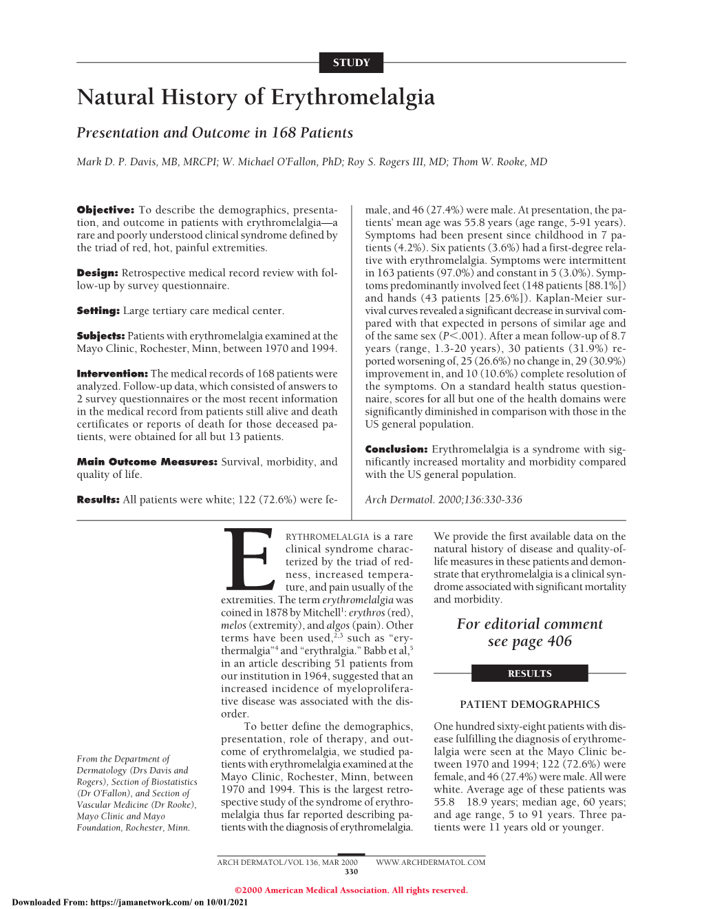 Erythromelalgia Presentation and Outcome in 168 Patients