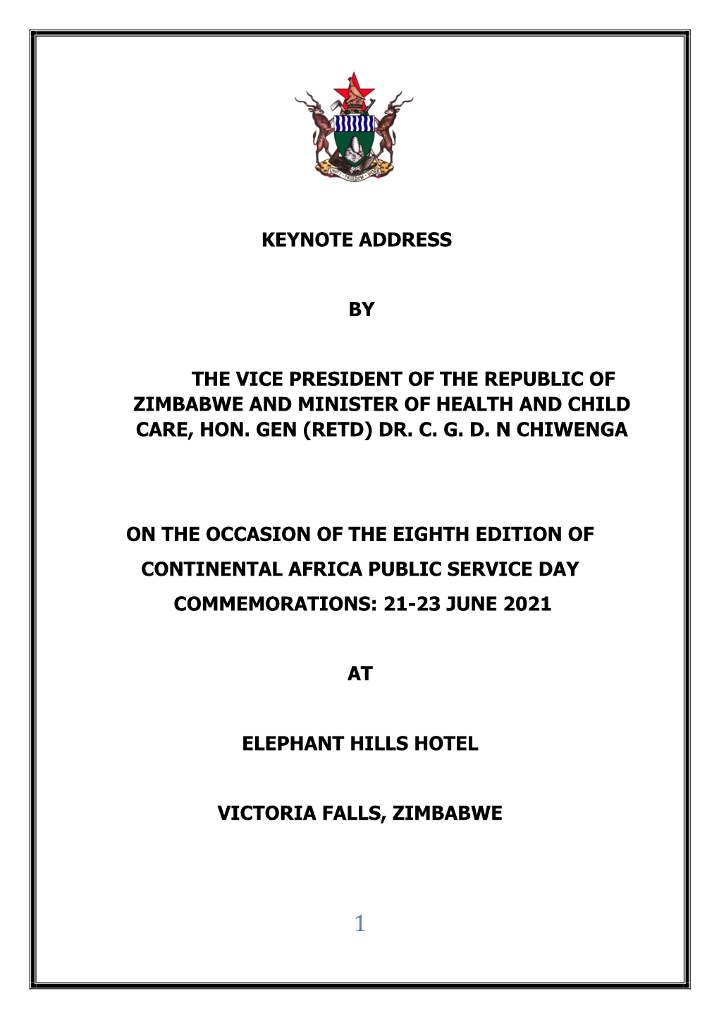 Speech of the Vice President of the Republic of Zimbabwe