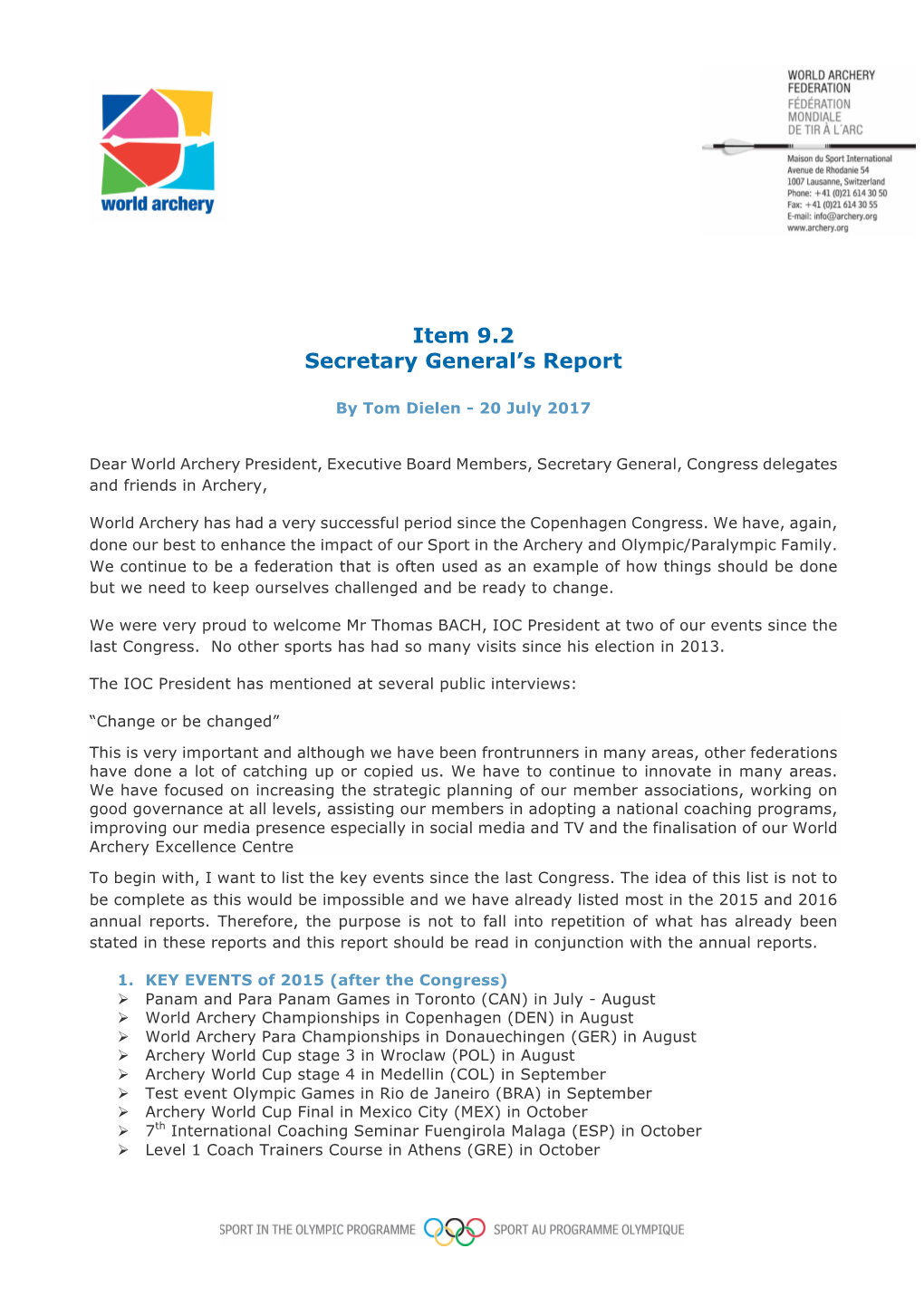 Item 9.2 Secretary General's Report