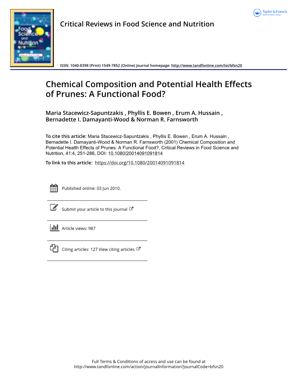 Chemical Composition and Potential Health Effects of Prunes: a Functional Food?