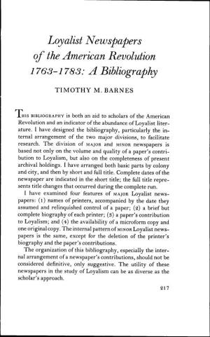 Loyalist Newspapers of the American Revolution 1763-1783: a Bibliography