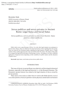 Servus Publicus and Servus Privatus in Ancient Rome: Legal Status and Social Status