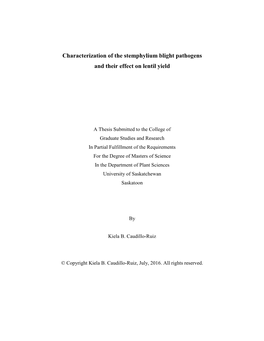 Characterization of the Stemphylium Blight Pathogens and Their Effect on Lentil Yield