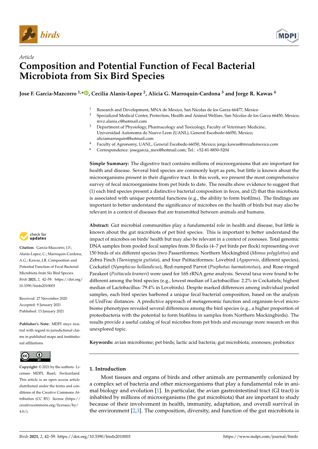 Composition and Potential Function of Fecal Bacterial Microbiota from Six Bird Species