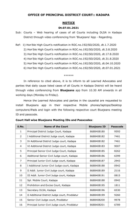 Office of Principal District Court:: Kadapa Notice