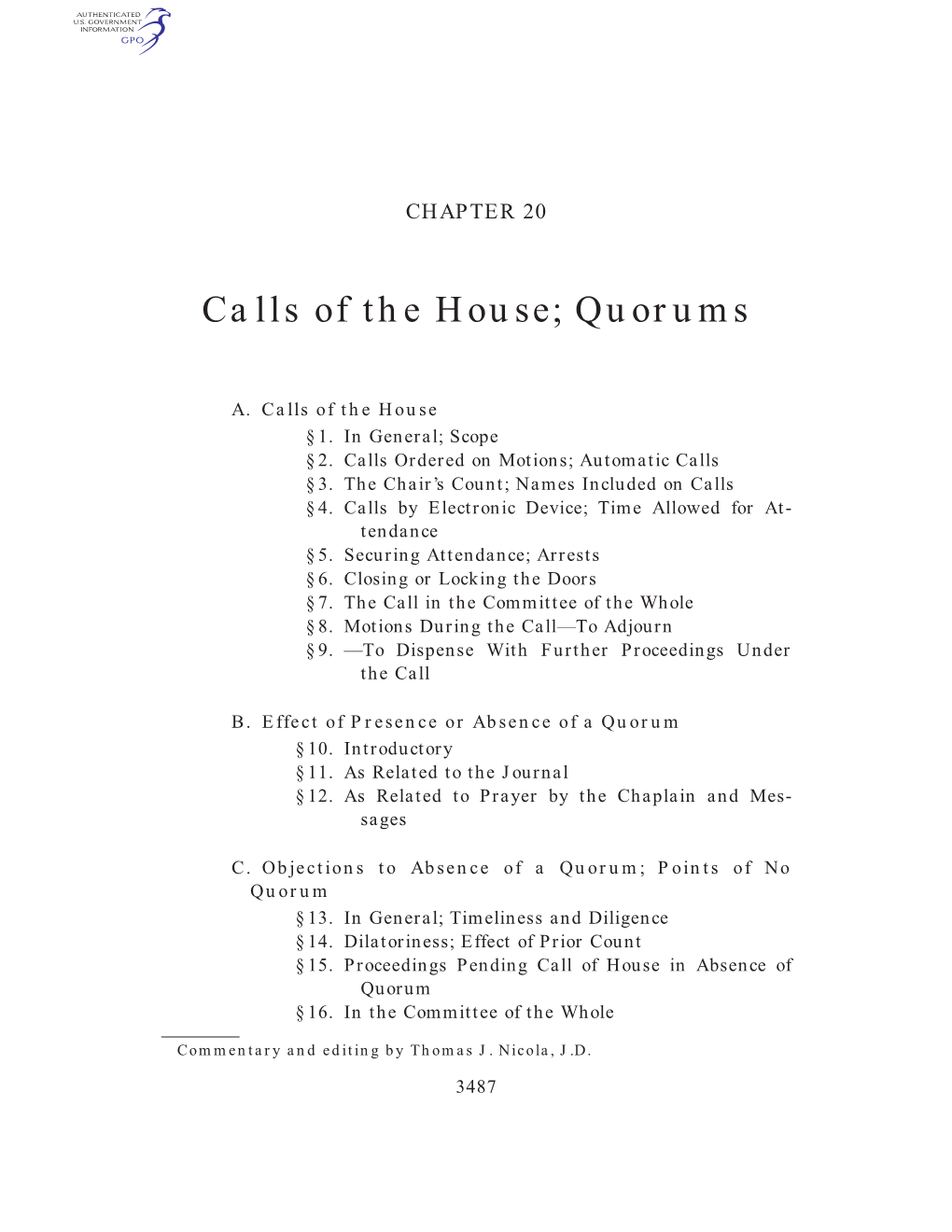 Calls of the House; Quorums