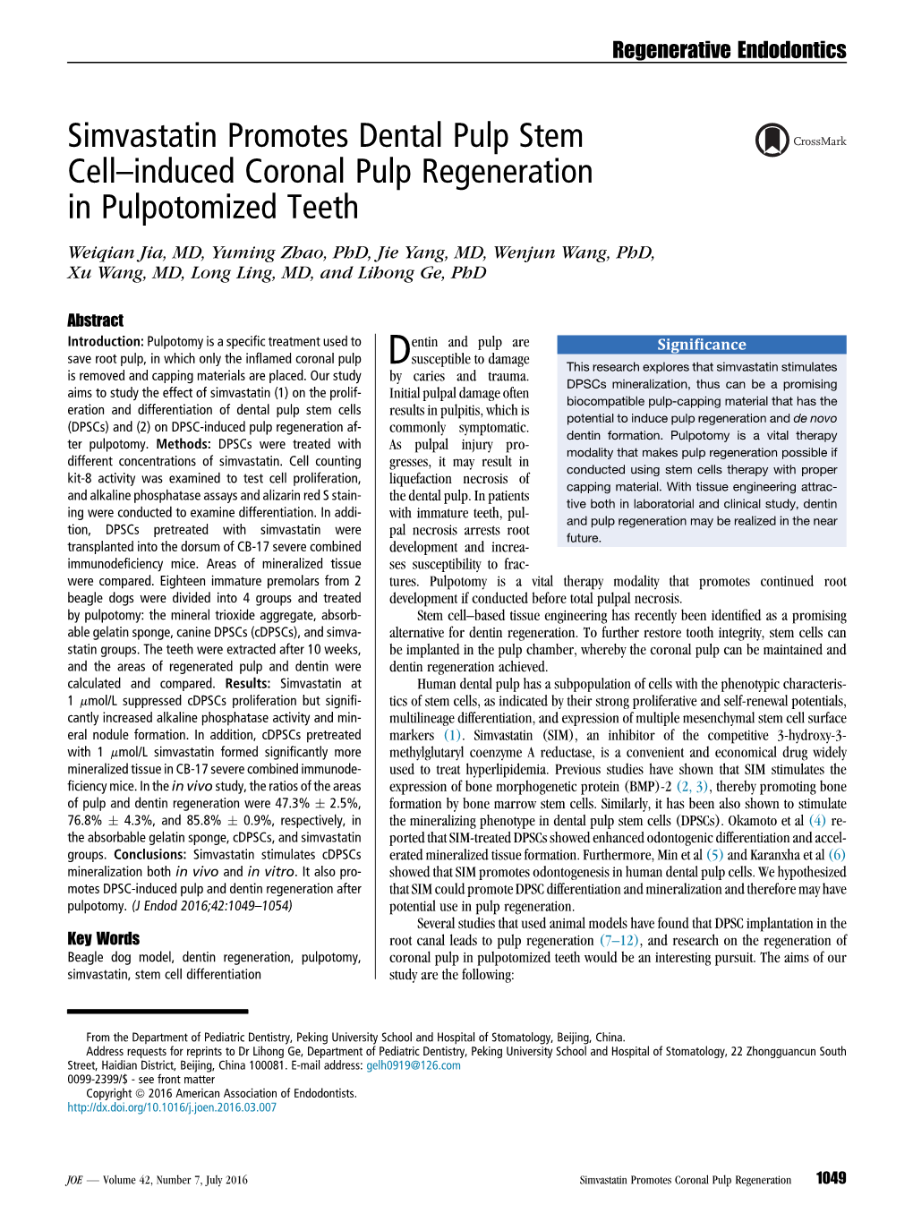 Simvastatin Promotes Dental Pulp Stem Cell-Induced Coronal Pulp