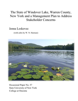 Windover Lake, Warren County, New York and a Management Plan to Address Stakeholder Concerns