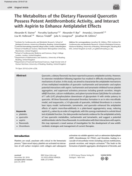 The Metabolites of the Dietary Flavonoid Quercetin Possess Potent Antithrombotic Activity, and Interact with Aspirin to Enhance Antiplatelet Effects