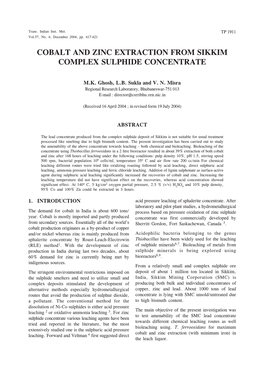 Cobalt and Zinc Extraction from Sikkim Complex Sulphide Concentrate