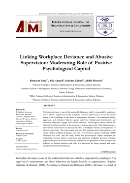 Linking Workplace Deviance and Abusive Supervision: Moderating Role of Positive Psychological Capital