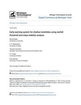 Early Warning System for Shallow Landslides Using Rainfall Threshold and Slope Stability Analysis