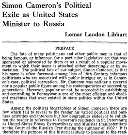 Simon Cameron's Political Exile As United States Minister to Russia Lemar Landon Libhart