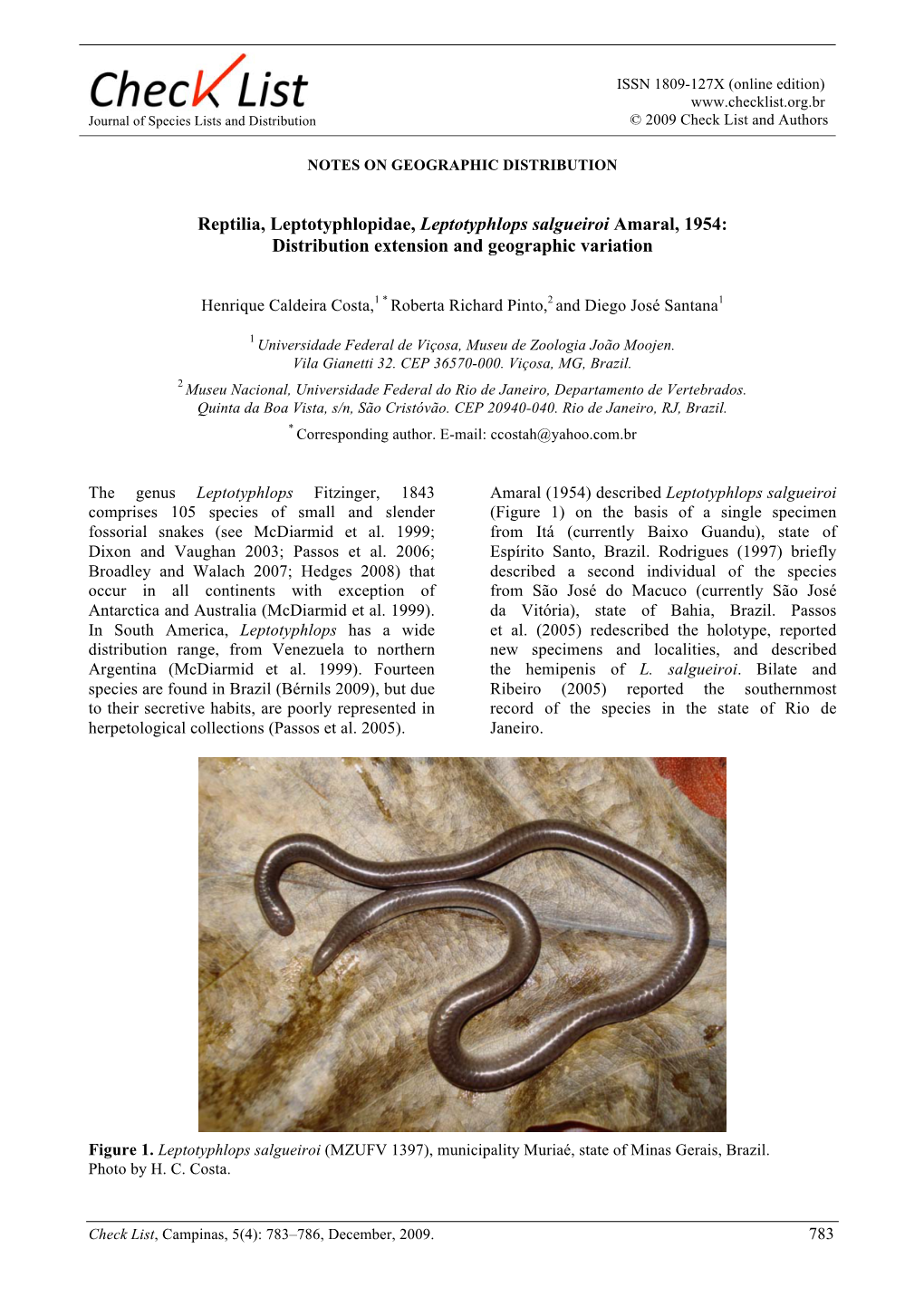 Reptilia, Leptotyphlopidae, Leptotyphlops Salgueiroi Amaral, 1954: Distribution Extension and Geographic Variation