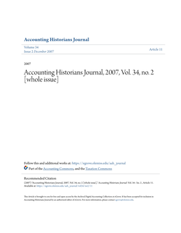 Accounting Historians Journal, 2007, Vol. 34, No. 2 [Whole Issue]