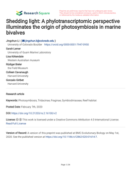 Shedding Light: a Phylotranscriptomic Perspective Illuminates the Origin of Photosymbiosis in Marine Bivalves
