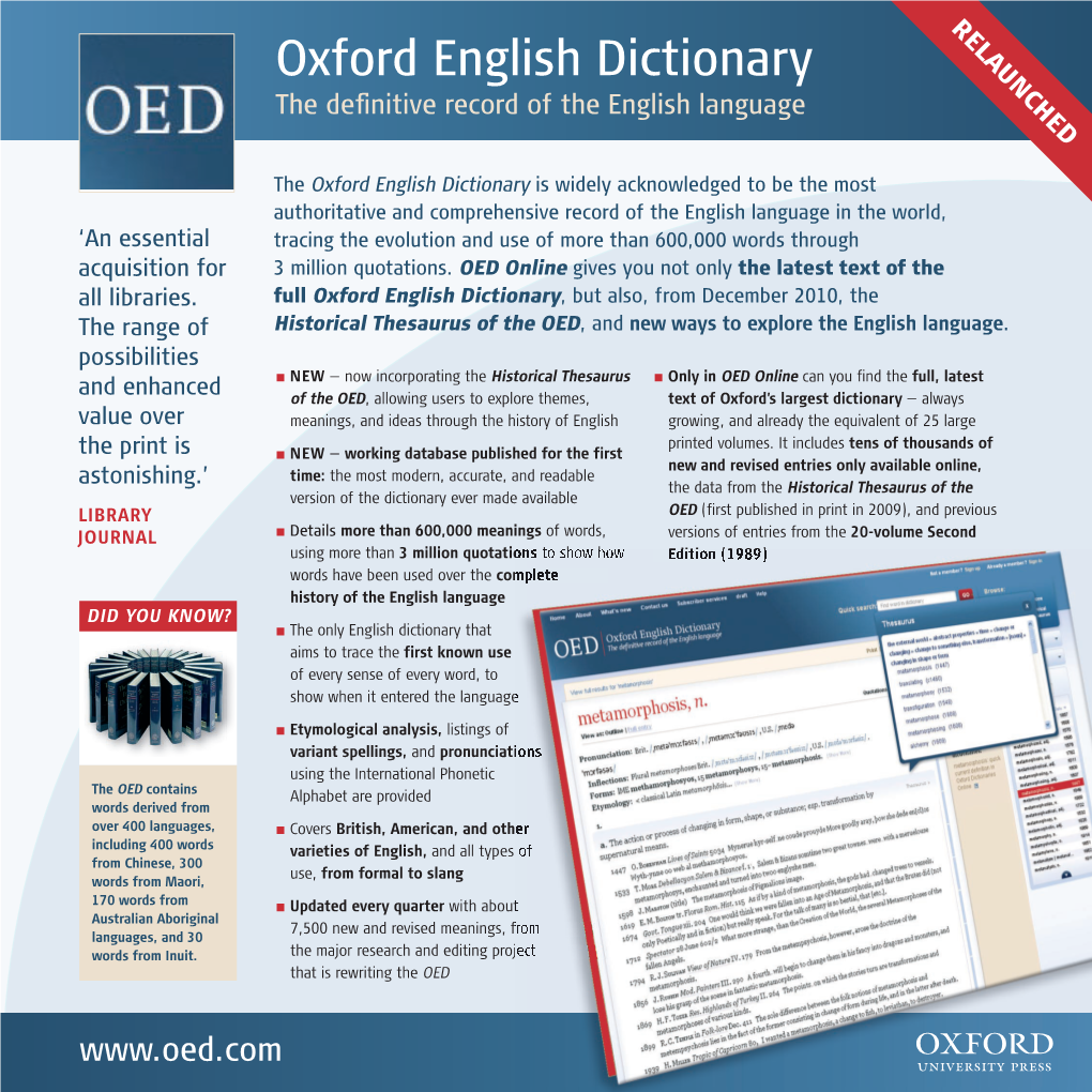 Oxford English Dictionary the Deﬁ Nitive Record of the English Language