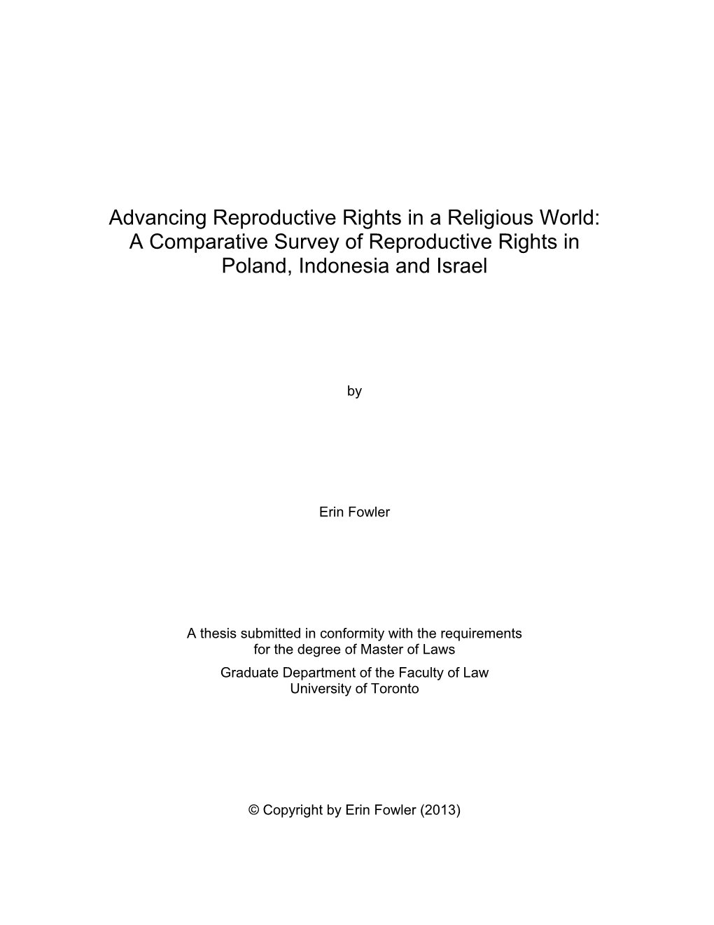 Advancing Reproductive Rights in a Religious World: a Comparative Survey of Reproductive Rights in Poland, Indonesia and Israel