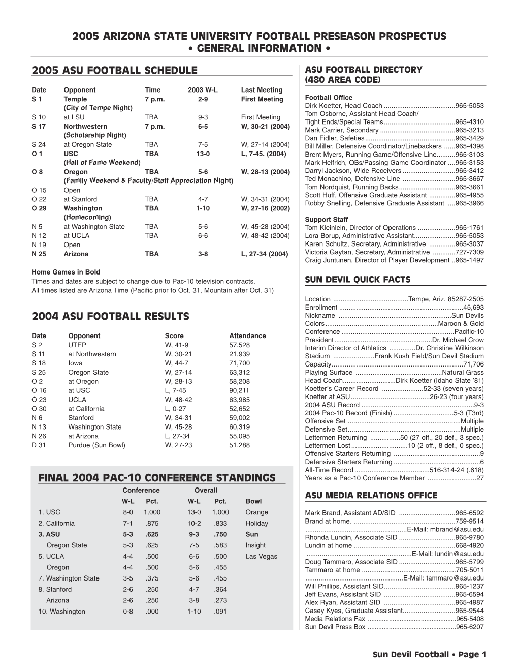 2005 Arizona State University Football Preseason Prospectus • General Information •