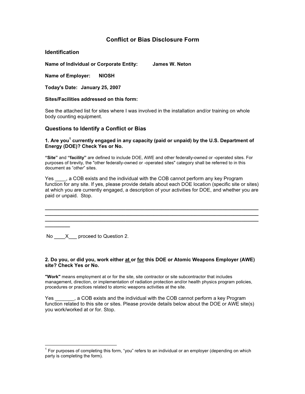 Non-Conflicted COB Disclosure Form for Multiple Sites, Installation And/Or