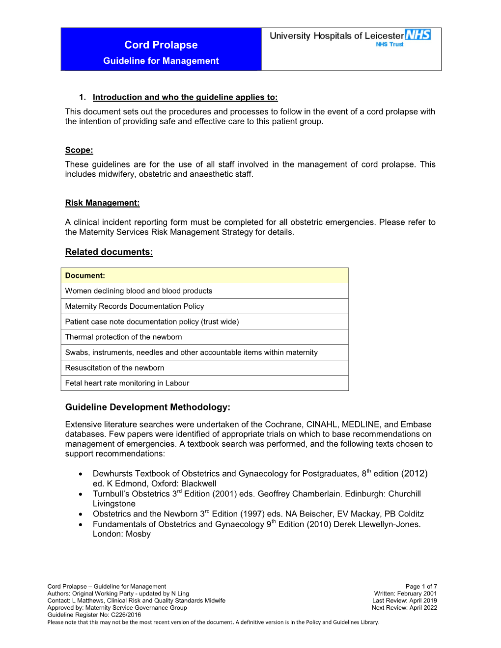 Cord Prolapse UHL Obstetric Guideline