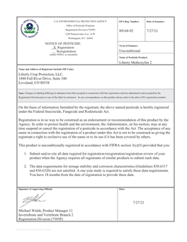 US EPA, Pesticide Product Label, Liberty Methoxyfen 2,07/27/2021