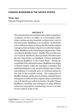 Chinese Buddhism in the UNITED STATES Meilee Shen National Chengchi University, Taiwan Abstract the Connection Between a Religio